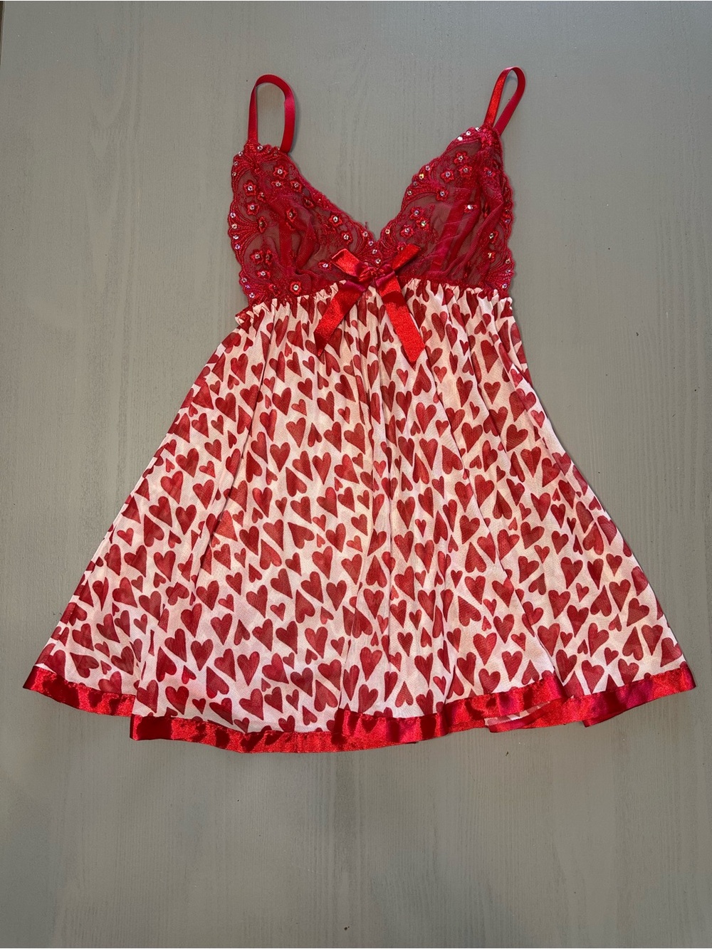 Red Heart Print Lace Babydoll Chemise - Women's Intimates